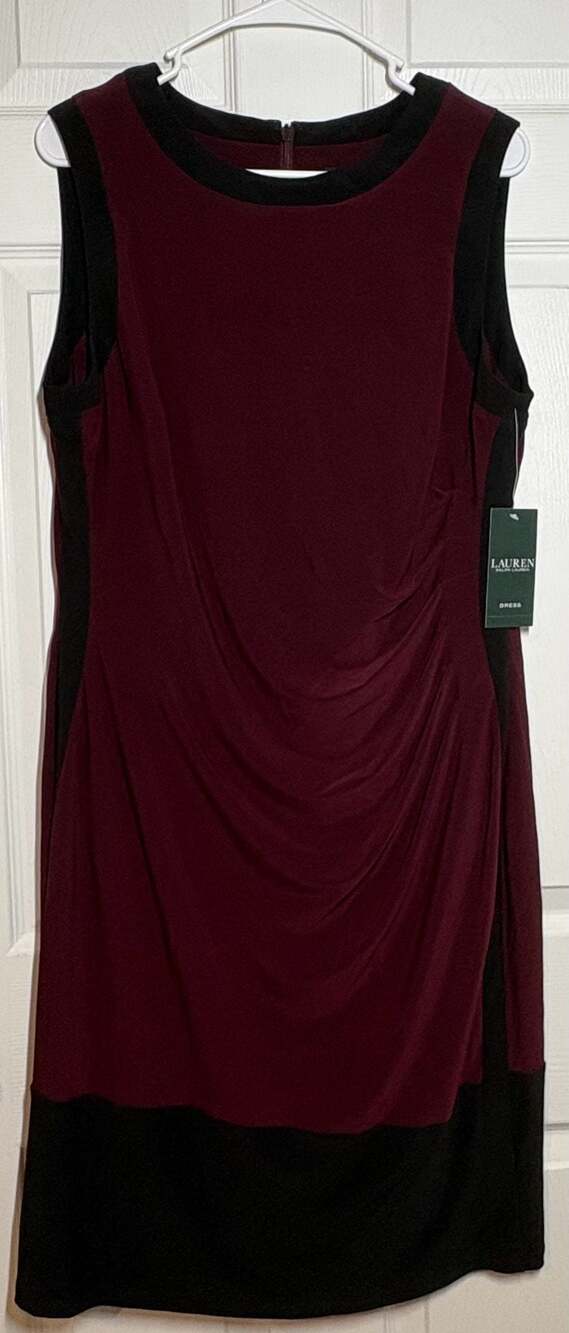Lauren Ralph Lauren Sleeveless Ruched Jersey Dress in Wine and Black, Size 16